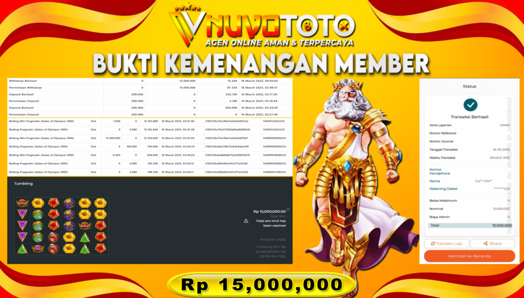 BUKTI JACKPOT KEMENANGAN MEMBER NUVOTOTO GATE OF OLYMPUS 1000