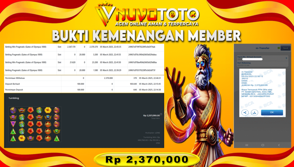 BUKTI JACKPOT KEMENANGAN MEMBER NUVOTOTO GATE OF OLYMPUS 1000