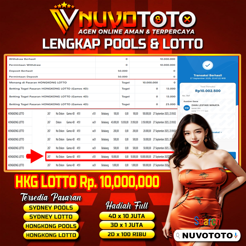 BUKTI JACKPOT KEMENANGAN MEMBER NUVOTOTO HONGKONG LOTTO ( 4151 )