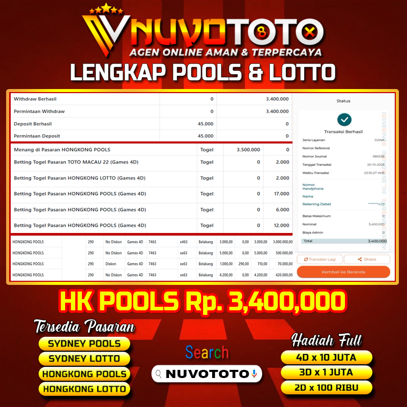 BUKTI JACKPOT KEMENANGAN MEMBER NUVOTOTO HONGKONG POOLS ( 7463 )