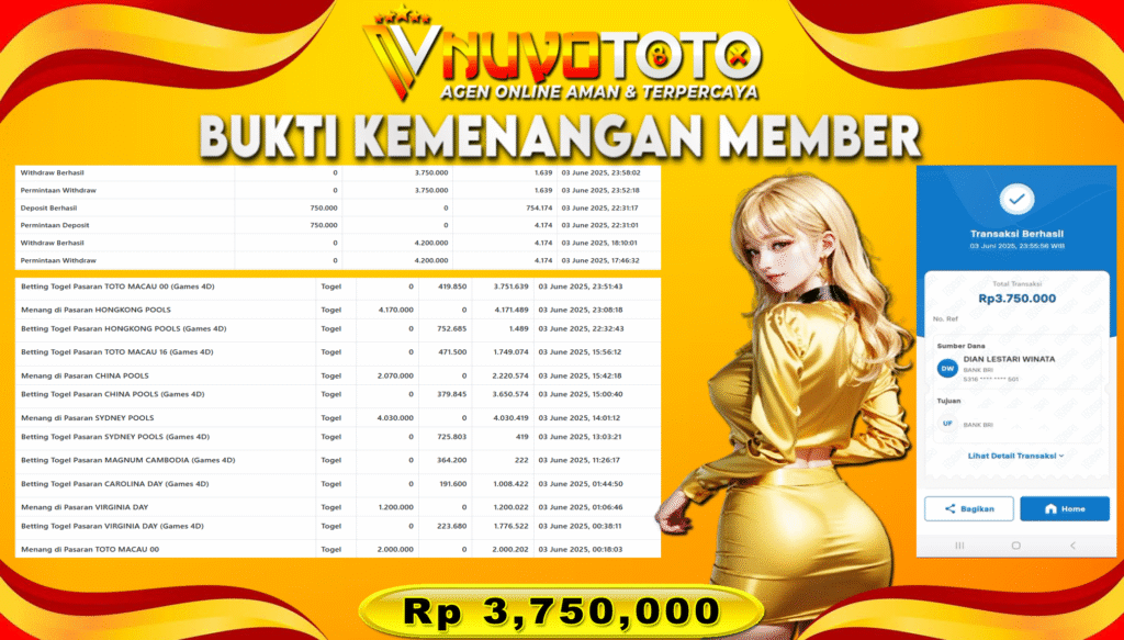 BUKTI JACKPOT KEMENANGAN MEMBER NUVOTOTO HONGKONG POOLS ( 7675 )