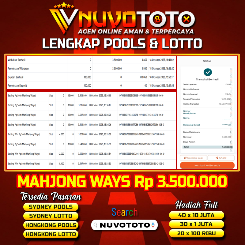 BUKTI JACKPOT KEMENANGAN MEMBER NUVOTOTO MAHJONG WAYS