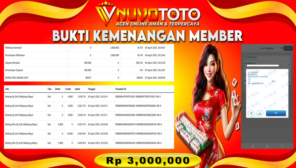 BUKTI JACKPOT KEMENANGAN MEMBER NUVOTOTO MAHJONG WAYS