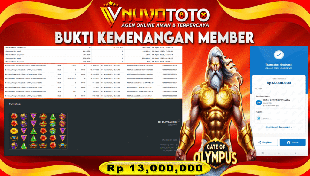 BUKTI JACKPOT KEMENANGAN MEMBER NUVOTOTO GATE OF OLYMPUS 1000