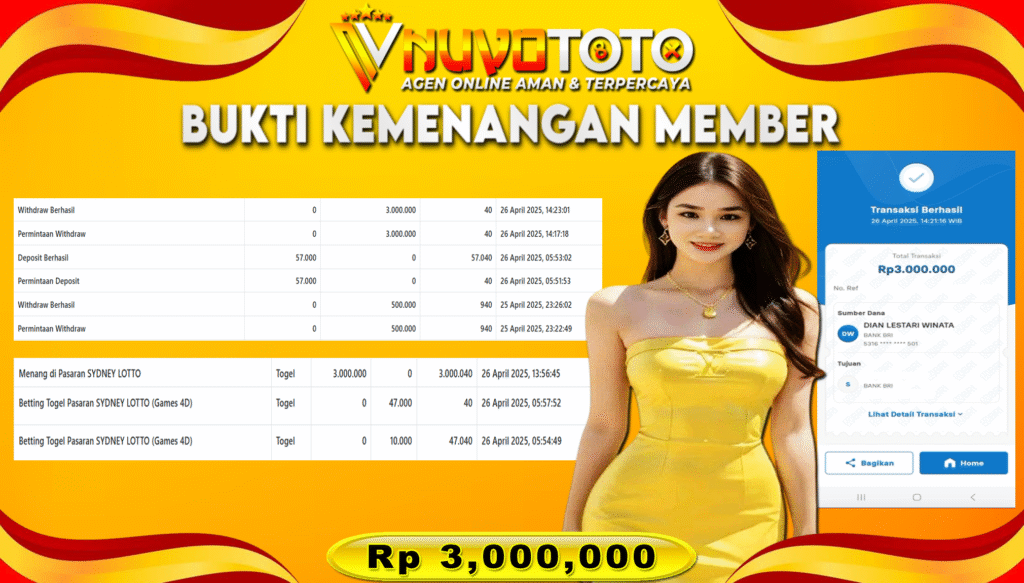 BUKTI JACKPOT KEMENANGAN MEMBER NUVOTOTO SYDNEY LOTTO ( 7460 )