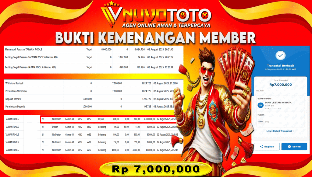 BUKTI JACKPOT KEMENANGAN MEMBER NUVOTOTO TAIWAN POOLS ( 4892 )