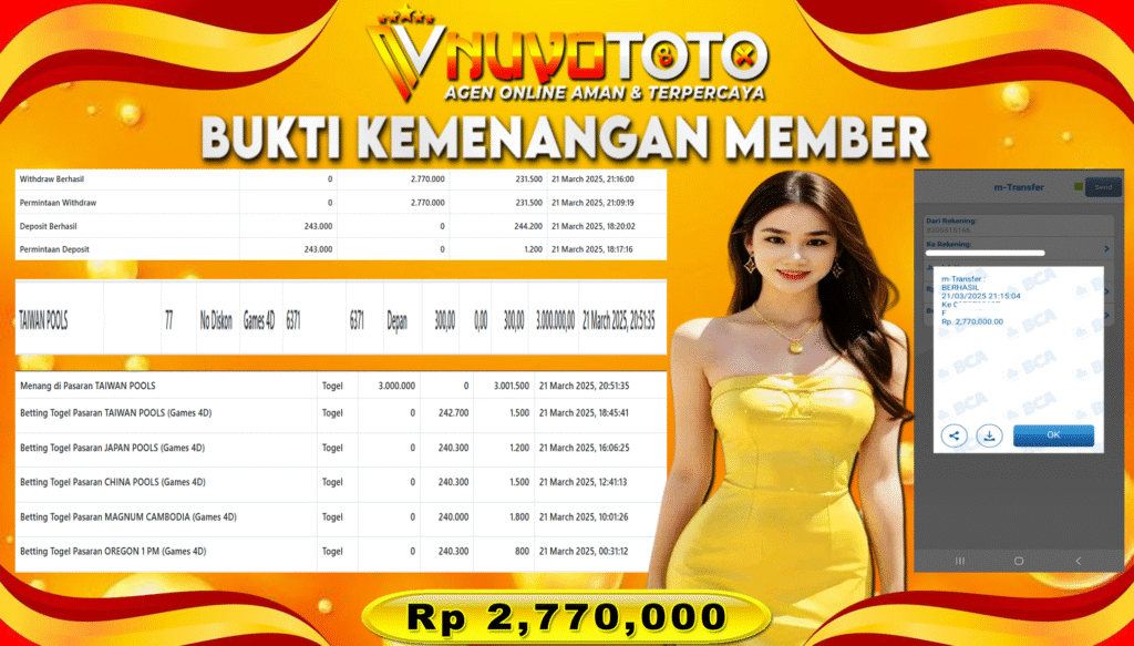 BUKTI JACKPOT KEMENANGAN MEMBER NUVOTOTO TAIWAN POOLS ( 6371 )
