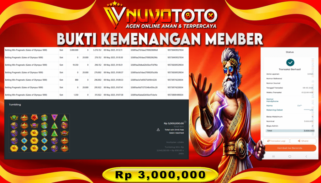 BUKTI JACKPOT KEMENANGAN MEMBER NUVOTOTO GATE OF OLYMPUS 1000