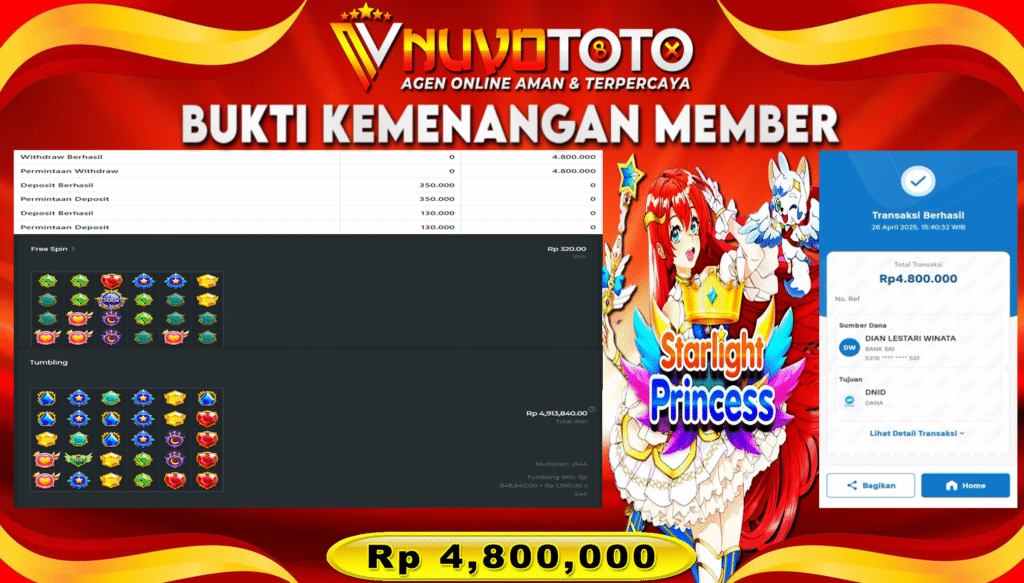 BUKTI JACKPOT KEMENANGAN MEMBER NUVOTOTO STARLIGHT PRINCESS