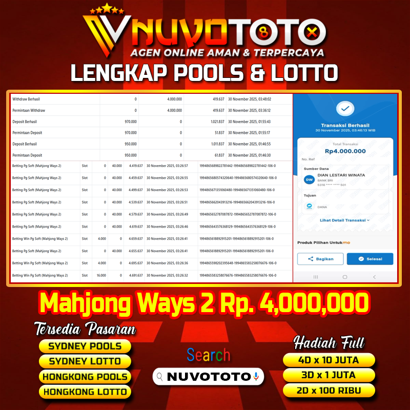 BUKTI JACKPOT KEMENANGAN MEMBER NUVOTOTO MAHJONG WAYS 2
