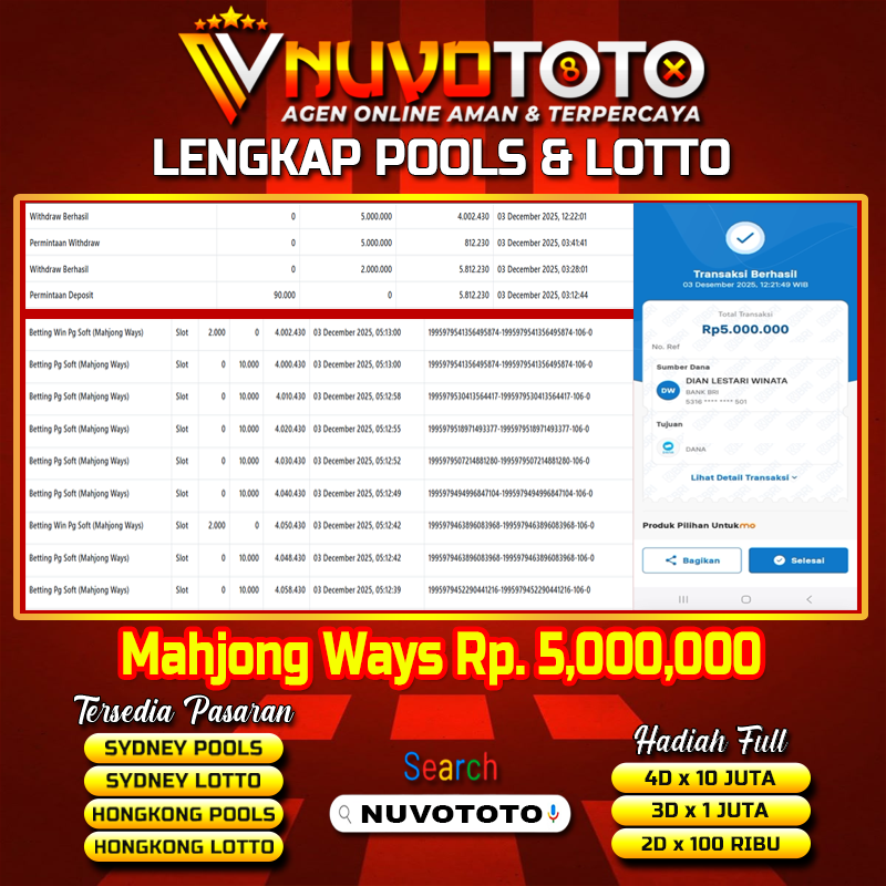 BUKTI JACKPOT KEMENANGAN MEMBER NUVOTOTO MAHJONG WAYS