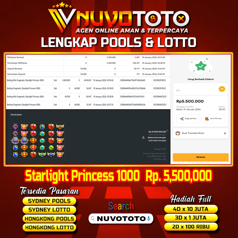 BUKTI JACKPOT KEMENANGAN MEMBER NUVOTOTO STARLIGHT PRINCESS 1000