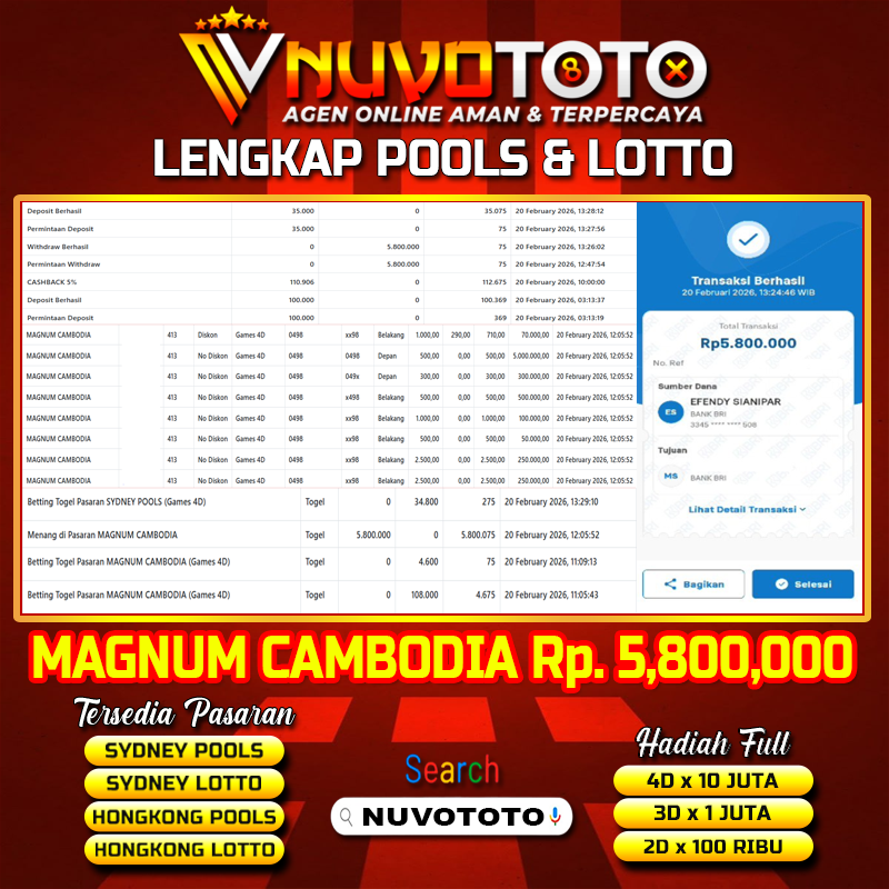 BUKTI JACKPOT KEMENANGAN MEMBER NUVOTOTO MAGNUM CAMBODIA ( 0498 )