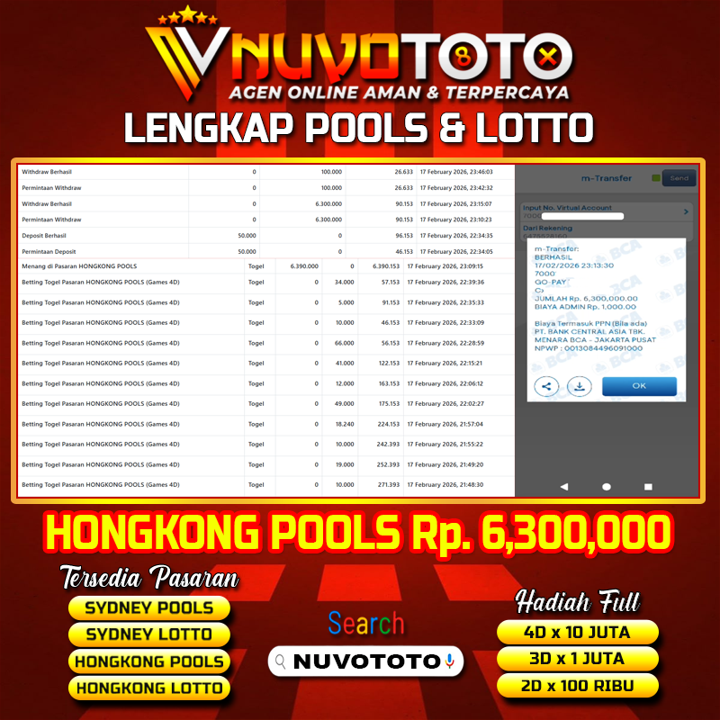 BUKTI JACKPOT KEMENANGAN MEMBER NUVOTOTO HONGKONG POOLS ( 9569 )