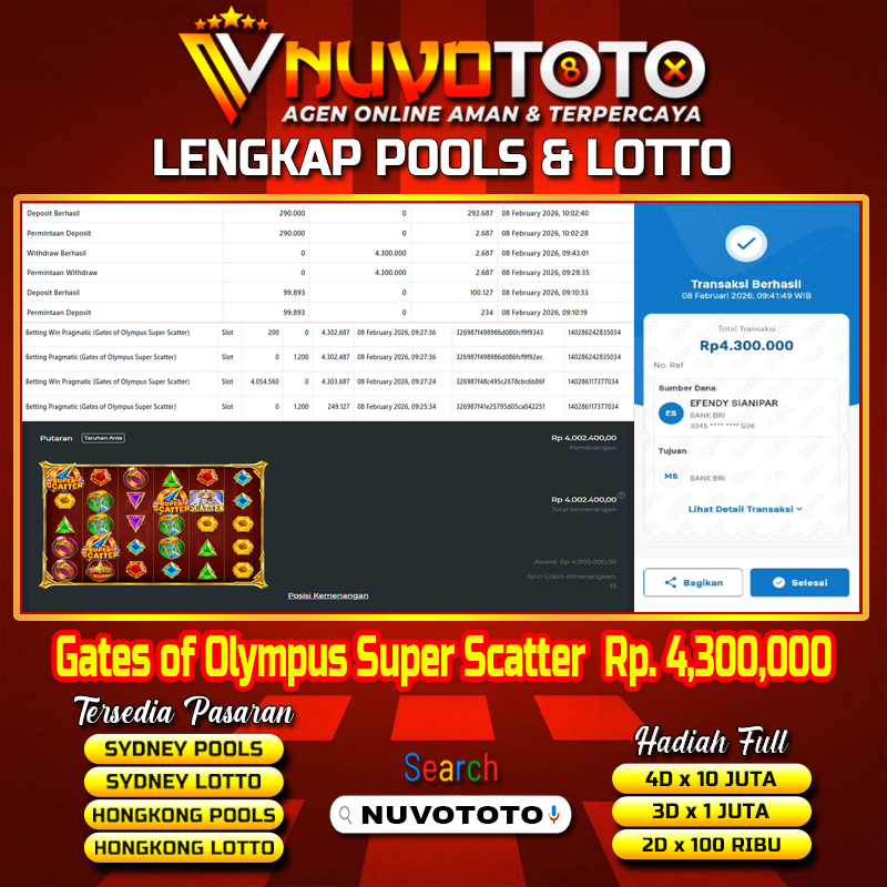BUKTI JACKPOT KEMENANGAN MEMBER NUVOTOTO GATES OF OLYMPUS SUPER SCATTER