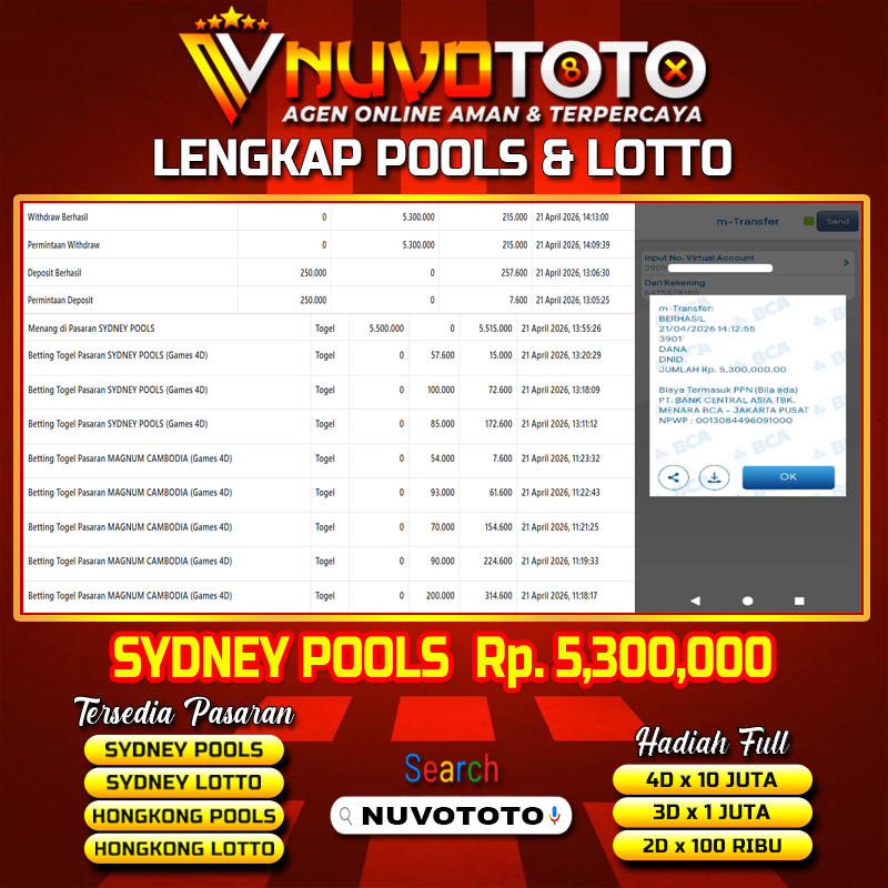 BUKTI JACKPOT KEMENANGAN MEMBER NUVOTOTO SYDNEY POOLS ( 1770 )