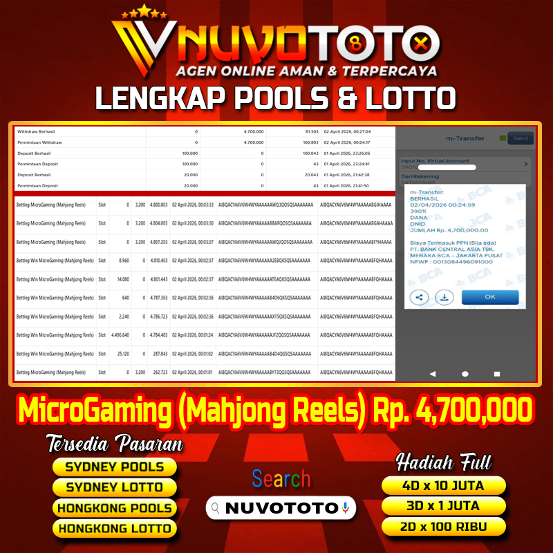 BUKTI JACKPOT KEMENANGAN MEMBER NUVOTOTO MAHJONG REELS